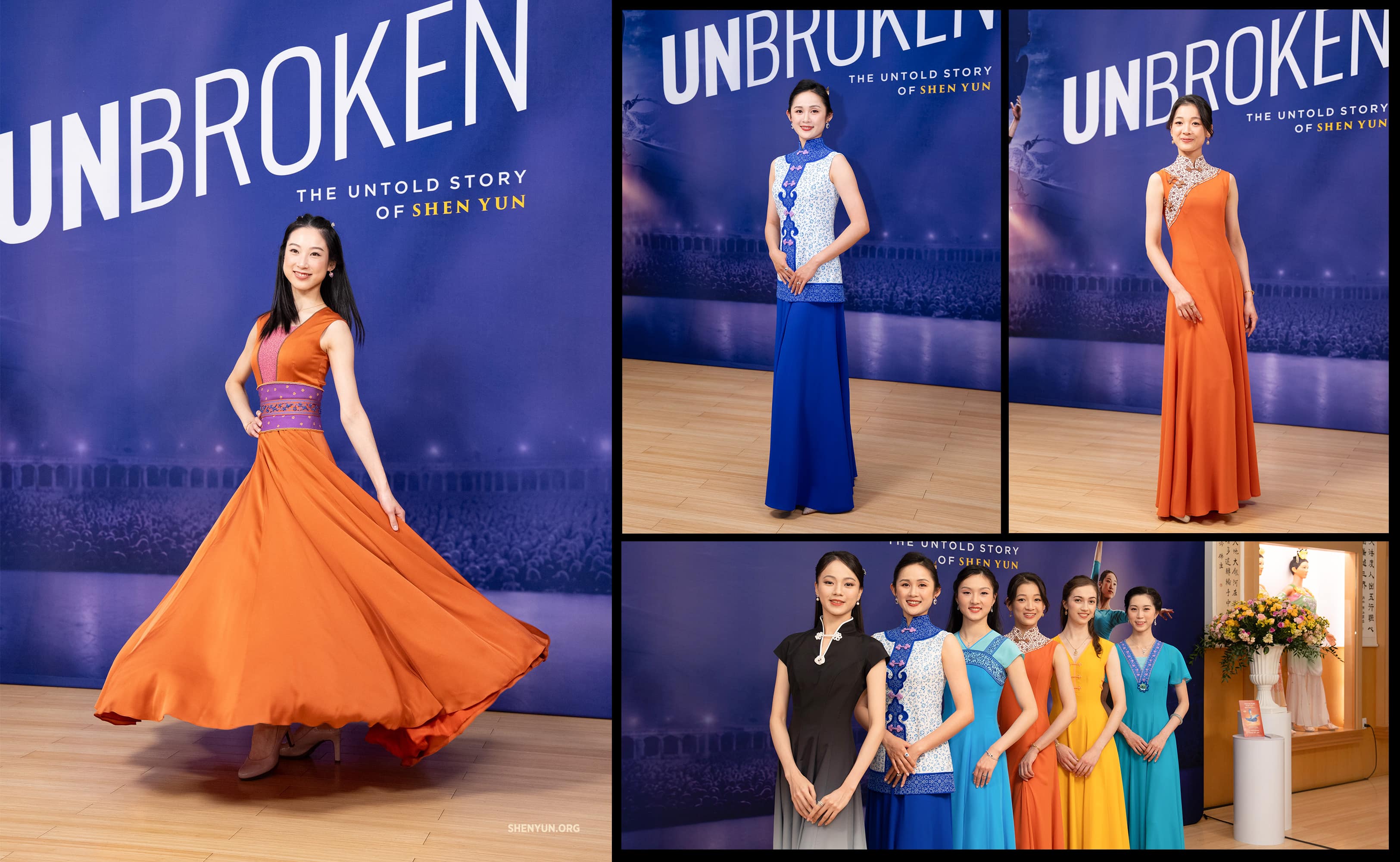 Left to right: Principal dancer Angela Lin wears a Tang dynasty-inspired gown, principal dancer Angelia Wang wears a Qing dynasty-inspired gown, and principal dancer Nara Oose (right) all wearing gowns designed by Shen Yun Artistic Director D.F.